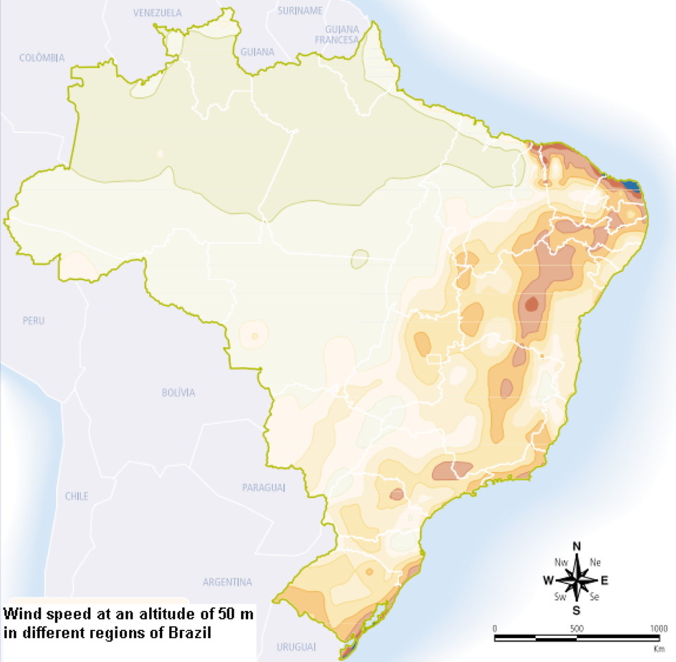 Распределение скорости ветра на высоте 50 метров в разных регионах Бразилии (синим цветом указана наибольшая скорость ветра, белым — наименьшая)